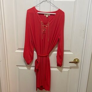 Michael Kors Vibrant Red Lace-Up Long Sleeve Dress